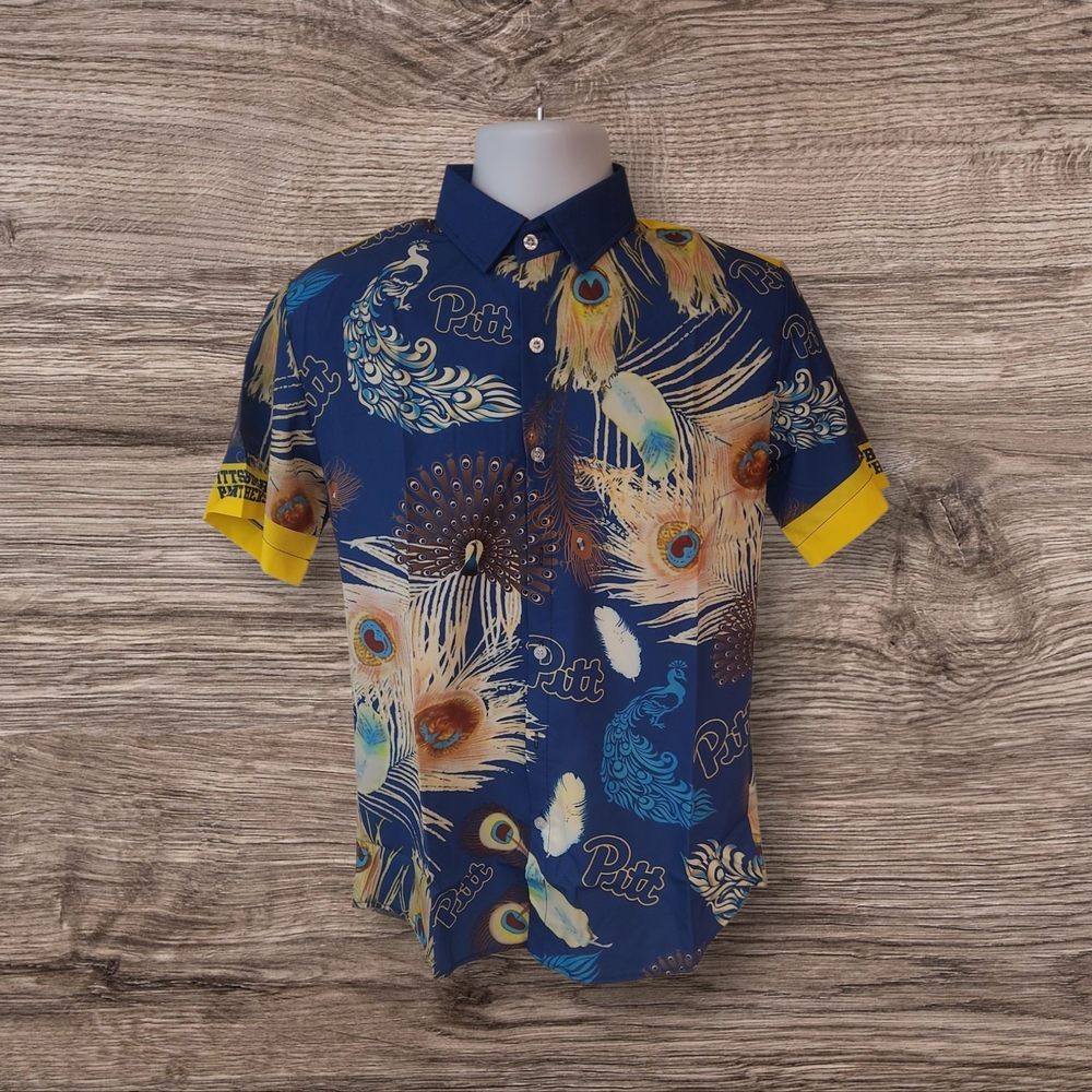 Men's Pitt Panthers Short Sleeve Button Down Blue Feather Print Shirt Size S